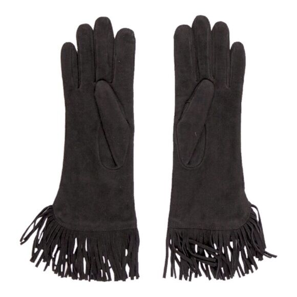 Ralph Lauren Collection ~ Black Cashmere Lined Lamb Suede Fringe Trimmed Gloves - Picture 3 of 16